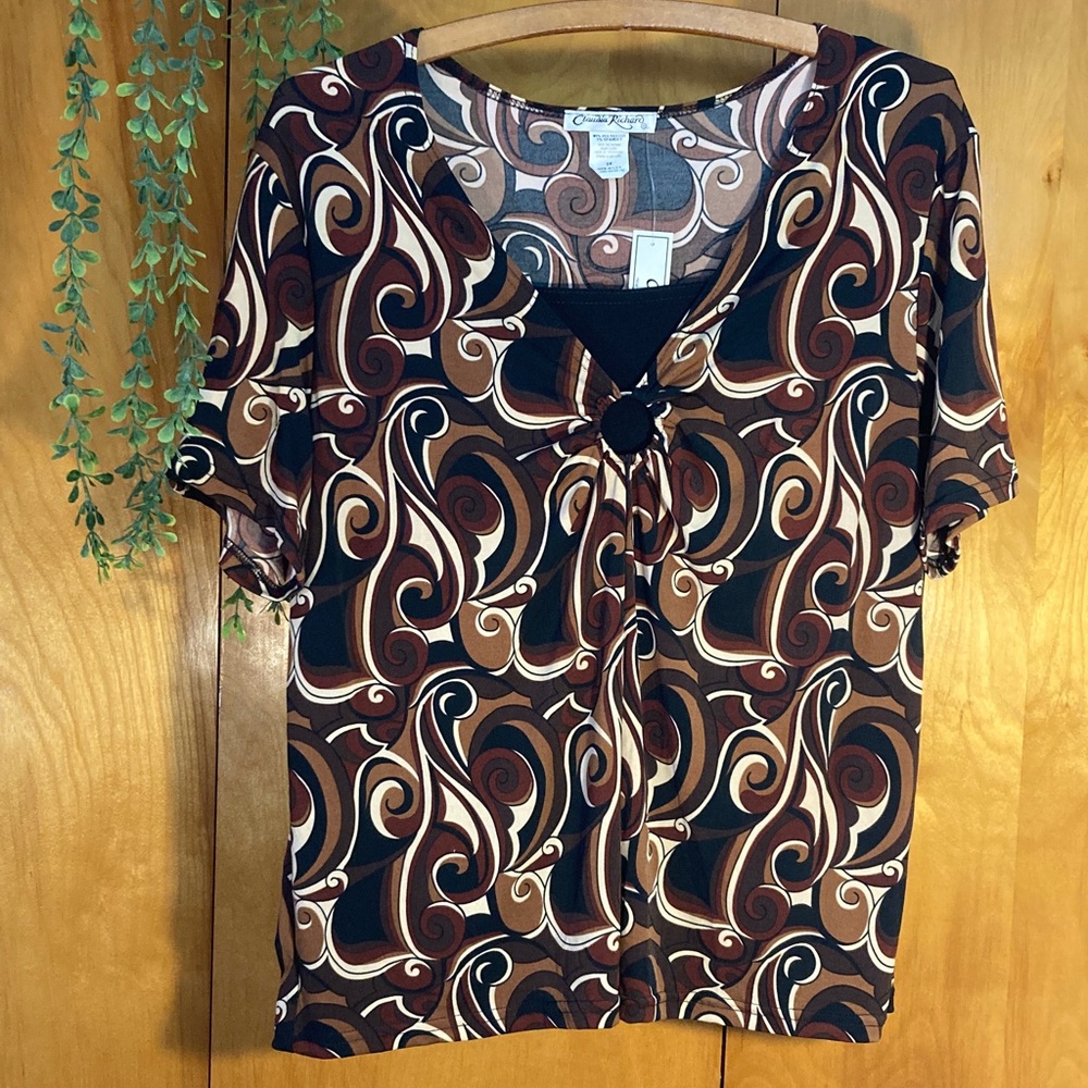 Claudia Richard Brown Black Paisley Swirl Women’s Shirt NWT Size 2X